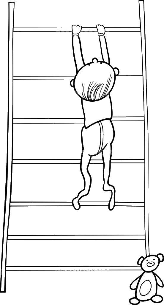Ребенок раскрашивает рисунок с лестницей (дети, лестница, игрушка)