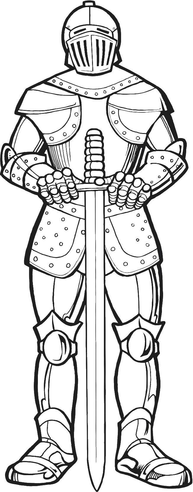 Раскраска рыцаря в доспехах с мечом (доспехи, мечи)