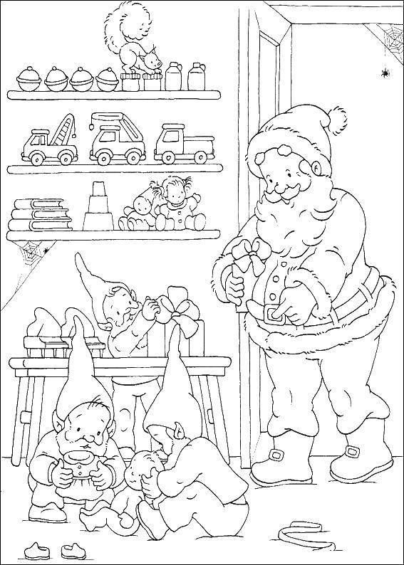 Раскраски с изображением Санты и игрушек для детей (санта, игрушки, подарки)