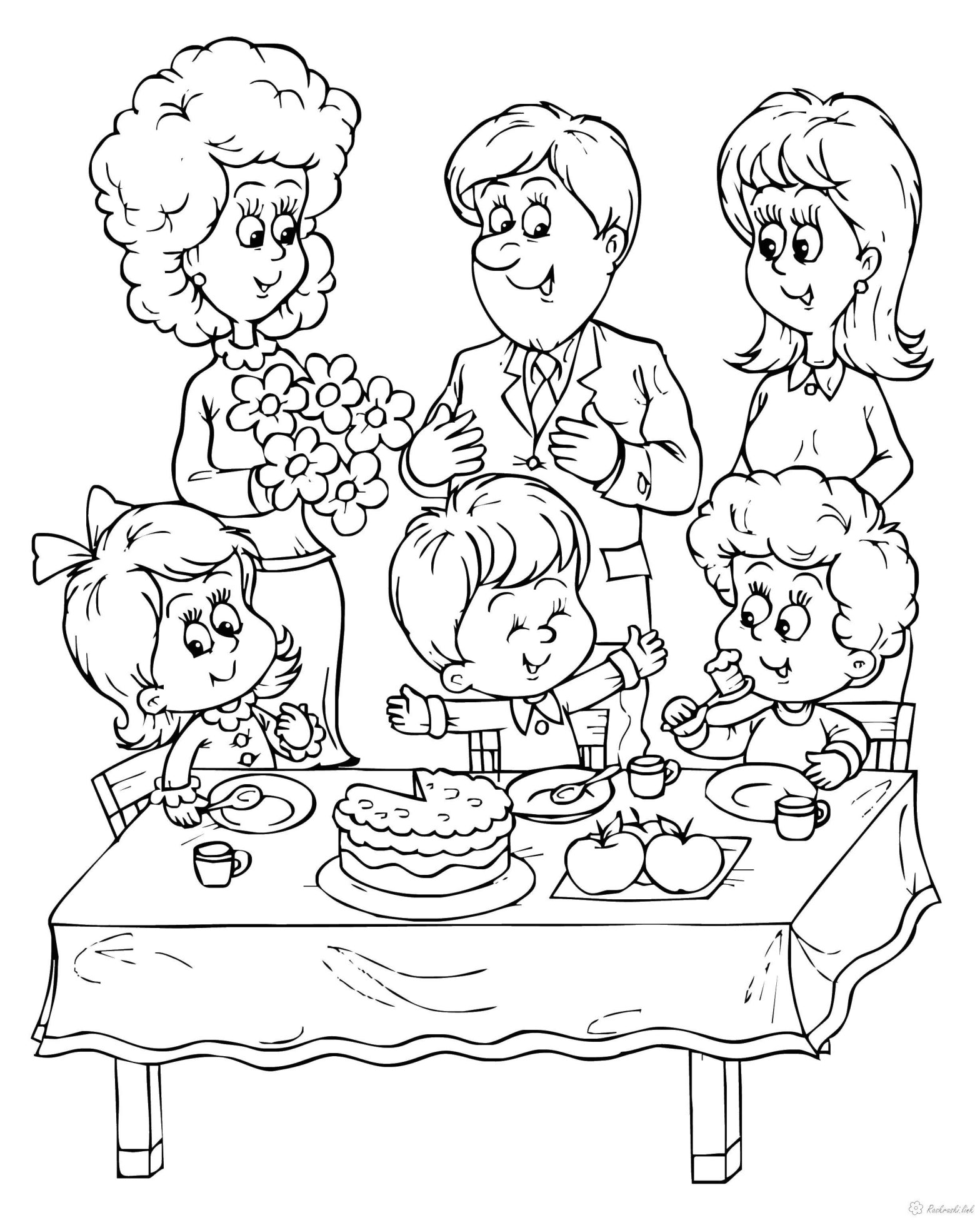 Раскраски семьи мама, папа, дети, торт, яблоки (торт, яблоки)
