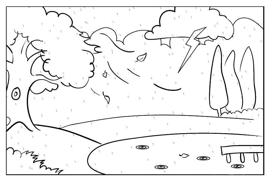 Раскраска на тему погода: дерево, ветер, гроза, молния (погода, ветер, молния)