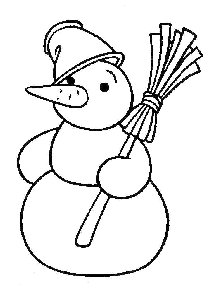 раскраска с изображением снеговика, ведра и метлы для малышей (снеговик, метла)
