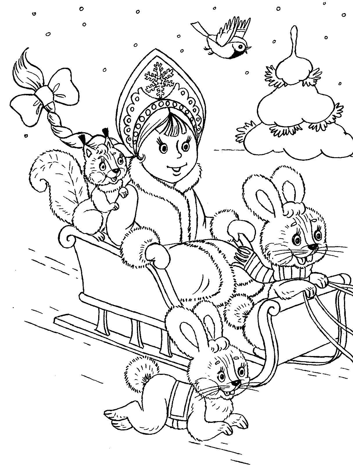 Раскраска со сказочным персонажем Снегурочка в зимней обстановке (снегурочка, зайка)