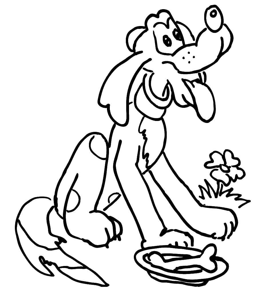 Раскраска с собакой, которая играет миской и костью (собаки, кость)