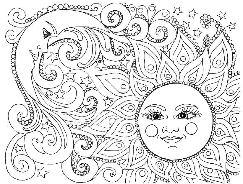 Раскраска с изображением солнца и луны (солнце, луна)