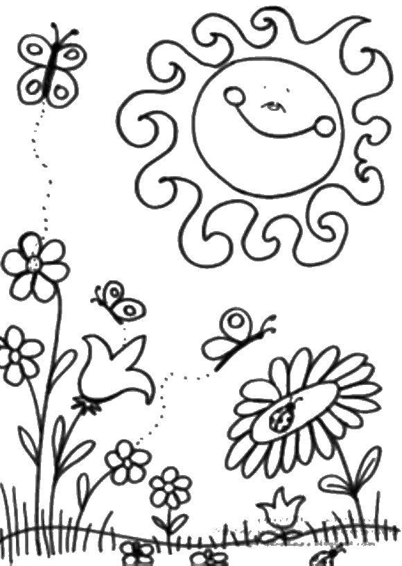 Раскраски Весны: солнце и цветы для детей (Весна, солнце, цветы)