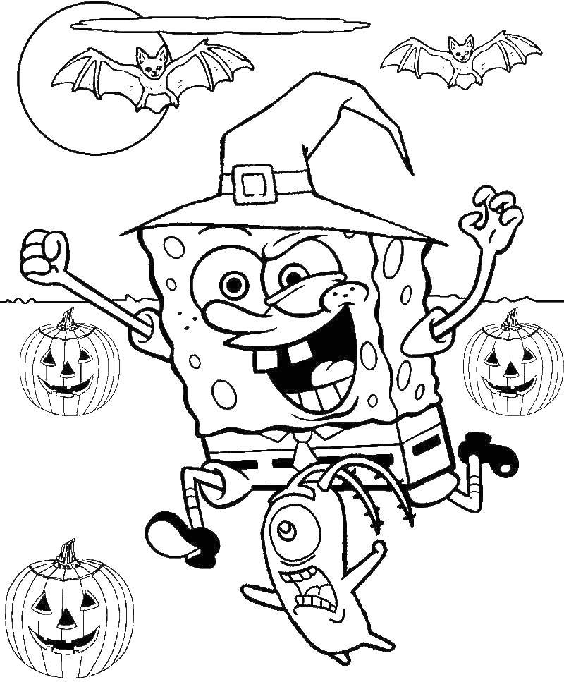 Раскраска Спанч Боб и Планктон в костюмах Хэллоуина (Хэллоуин)