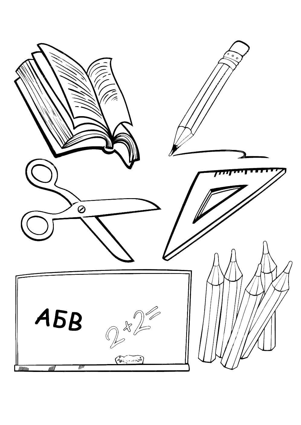 раскраска с карандашами и ручками (школьные, принадлежности)