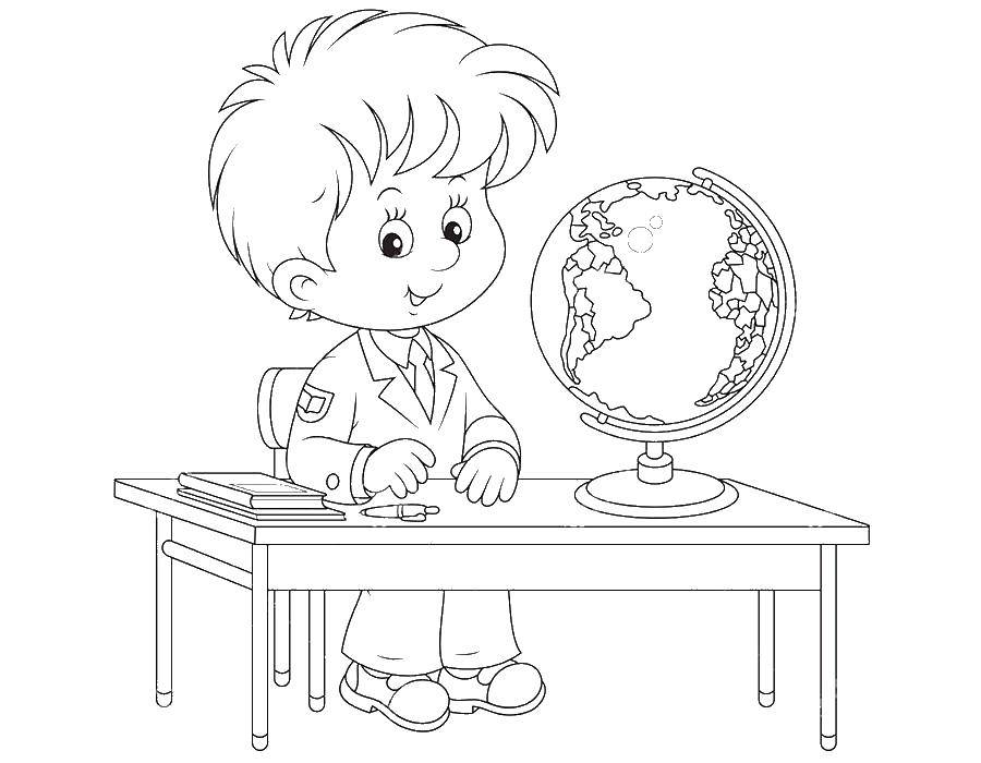 Раскраска школьных принадлежностей для учеников - глобус и парта (школьные, принадлежности, ученик, глобус, парта)