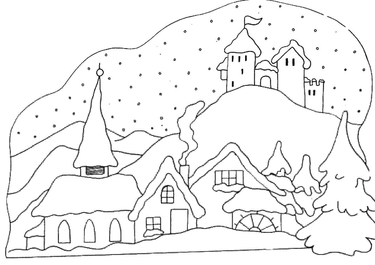 Бесплатные раскраски на зимнюю тематику для детей - Зима, первый снег, радость и город (радость, город)