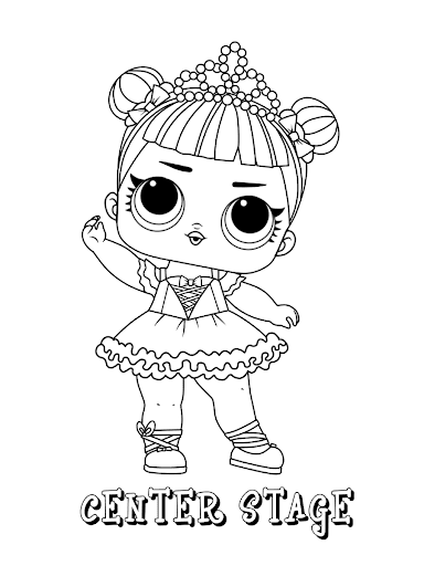 Раскраска куклы LOL Center Stage в короне и маленькой девочке пышном платье (кукла, LOL)