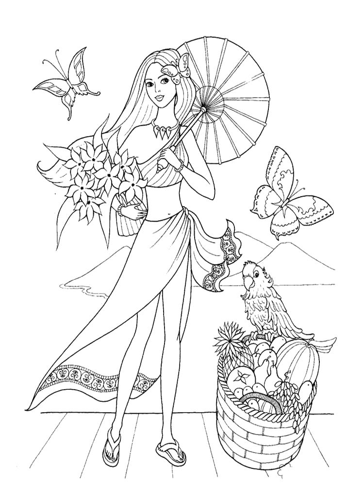 Раскраска девочки с зонтиком и бабочками на фоне летнего пейзажа (птицы)