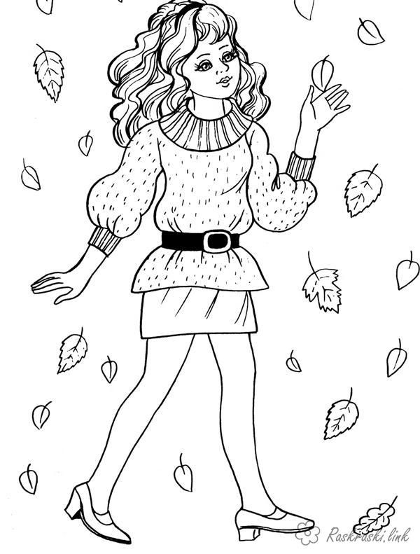 Раскраска осенней девочки в костюме с листьями (осень, костюм)