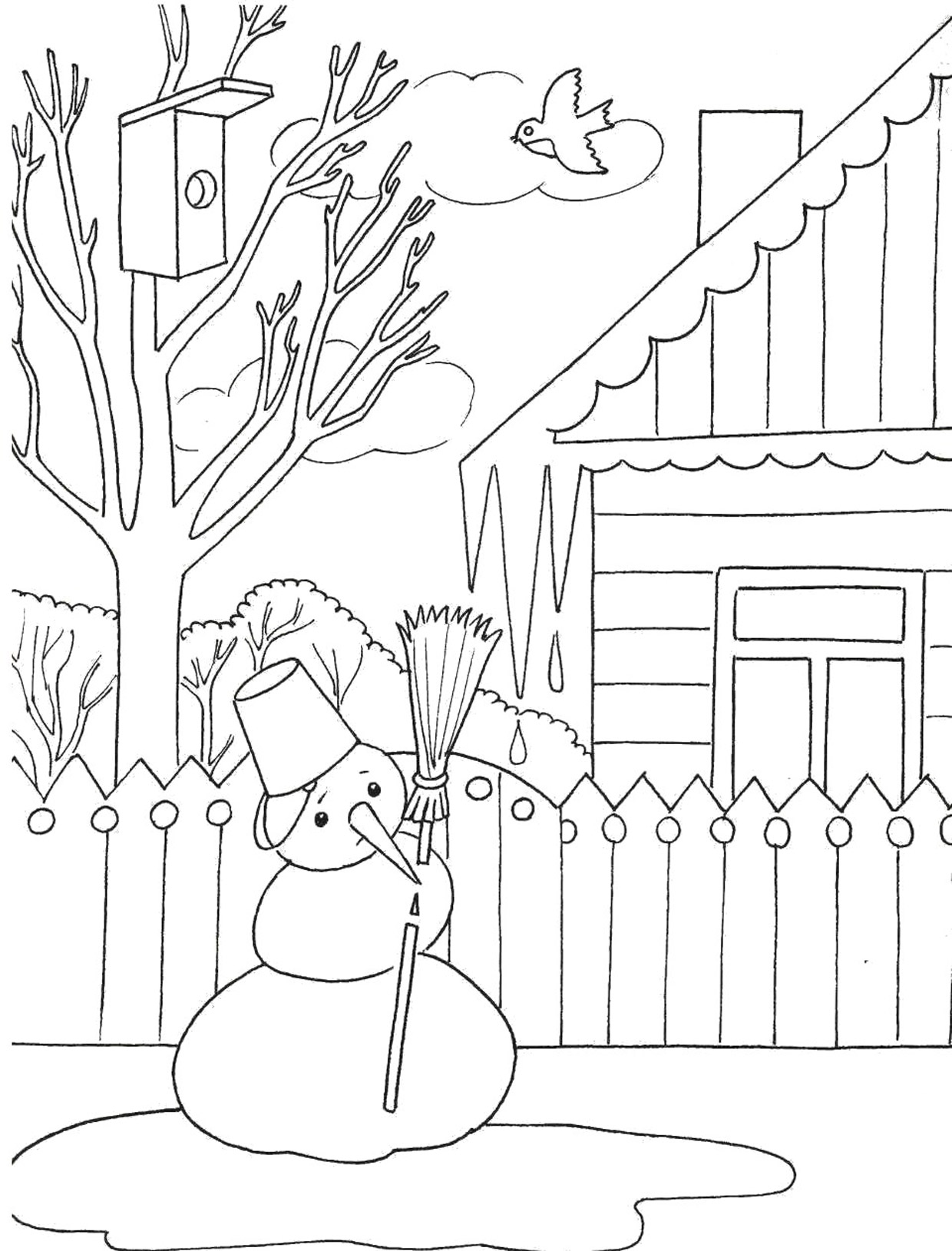 Раскраска с изображением снеговика, тающего возле двора весной (снеговик, удовольствие)