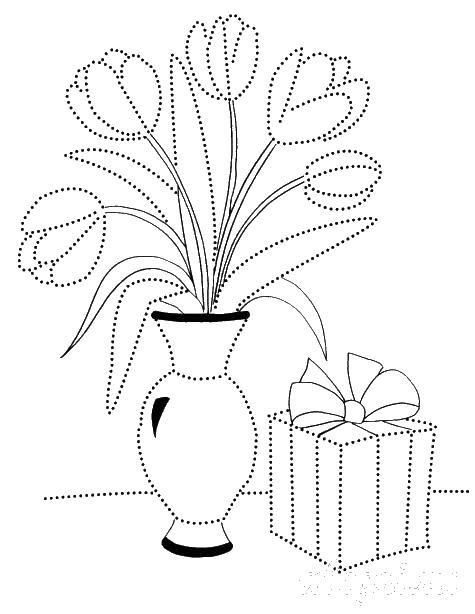 Раскраска весенних тюльпанов в вазе с подарком. Бесплатные раскраски для детей.  (тюльпаны, подарок)