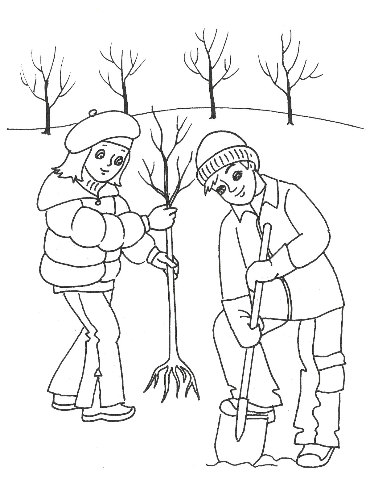 Дети сажают деревья - Разукрашки с праздником весны марта (дети, деревья)