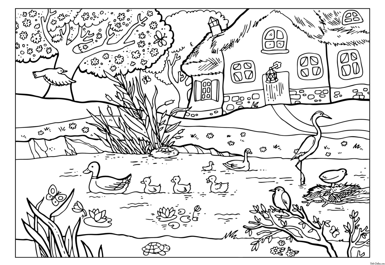 Раскраска природа весной - цапля, утки на озере, дом (утки, дом)