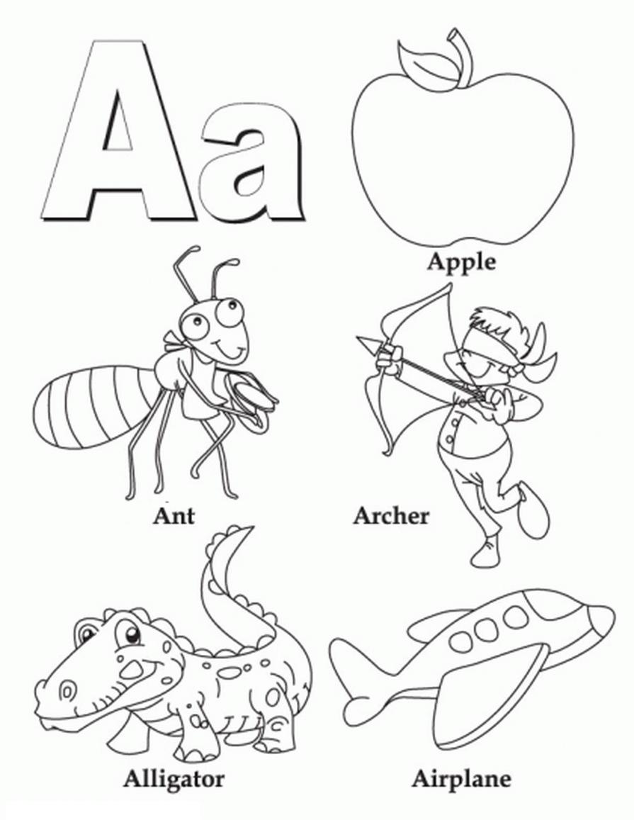 Раскраска с буквами английского алфавита, яблоко, муравей и аллигатор (обучение, английский, буквы, муравей, аллигатор)