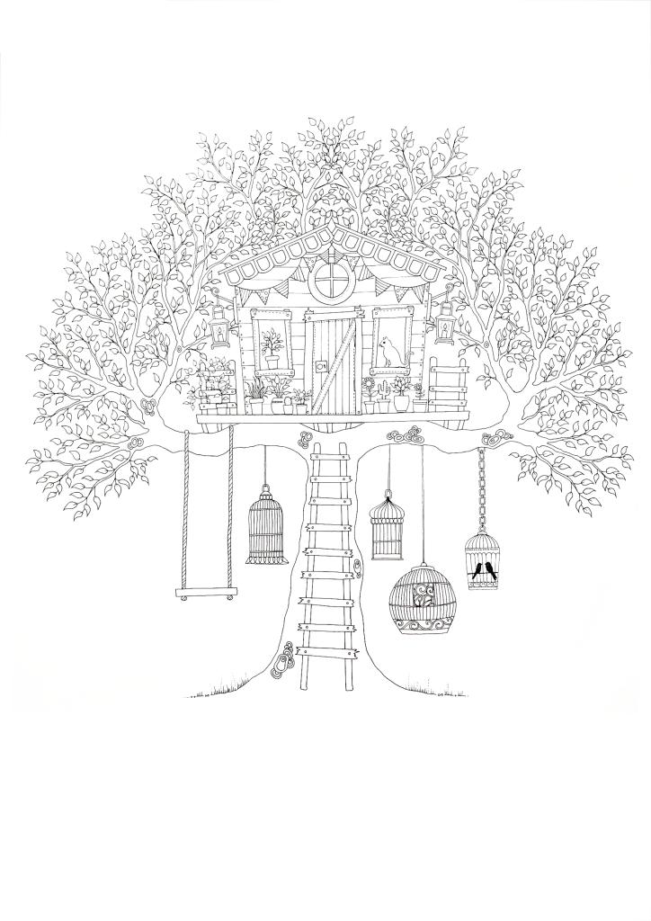 Раскраски со сценой дома на дереве и клетками с птицами, лестницей качелями (дом, лестница)