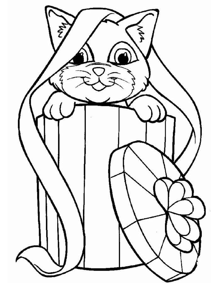 Раскраска с котом, который выглядывает из подарочной коробки (кот)