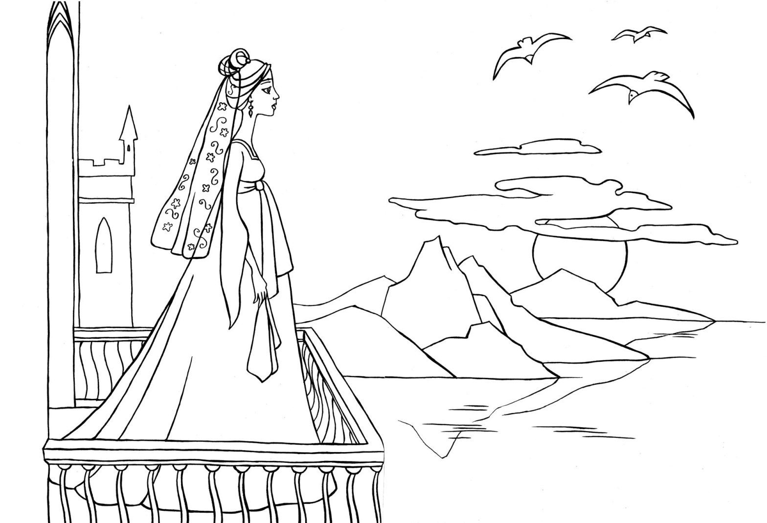 Раскраска королева смотрит на закат балконе с чайкой (балкон, королева, море)