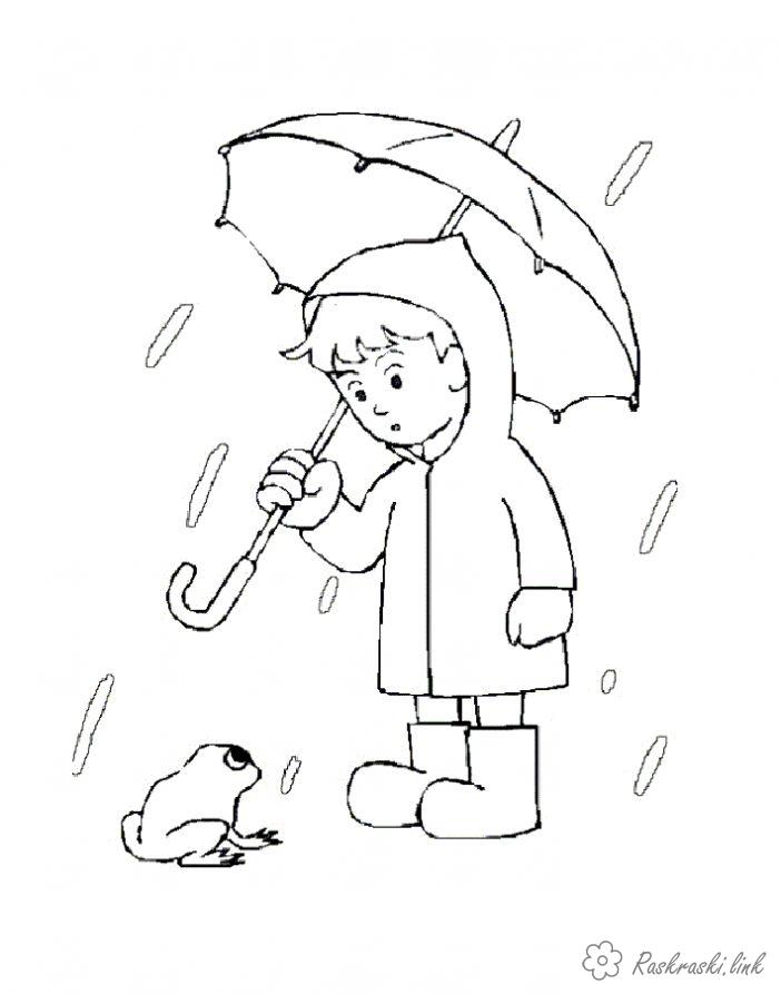 раскраска мальчика с зонтиком в дождь и лягушки для детей (явления, мальчик, дождь, лягушка)