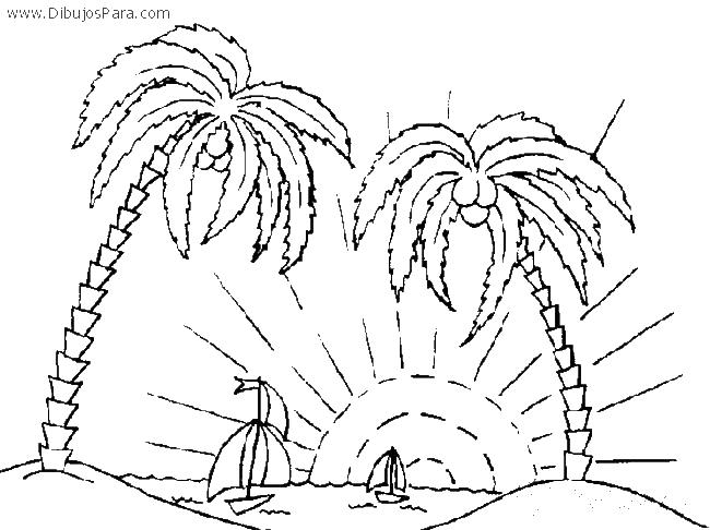 Раскраска летнего дня с пальмами, корабликами и солнцем (кораблики, солнце, пальмы)
