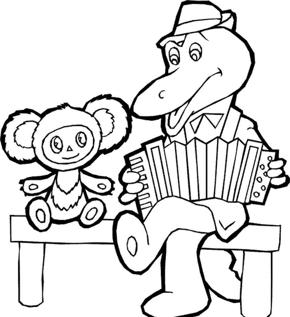 Изображение Гены и Чебурашки на лавочке, Гена играет гармошке (Гена, Чебурашка)