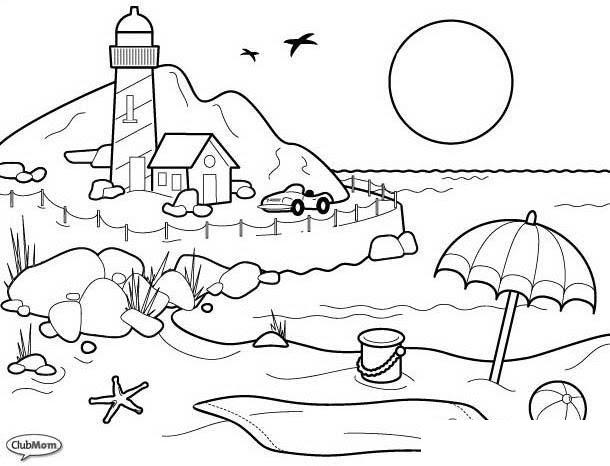 Раскраски пляж - картинка с летним пляжем, заходом солнца, маяком и машинами (лето, маяк, развлечение)