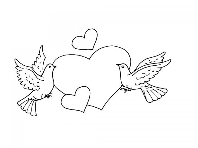 Раскраска с голубями и сердечками (сердце, голуби)