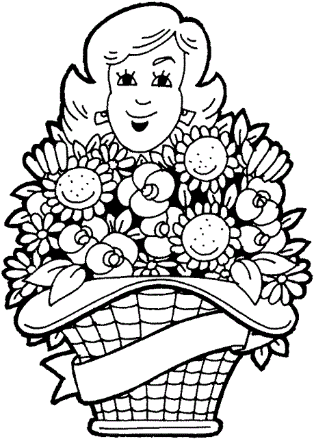 Раскраска с огромным букетом цветов в корзине для дня матери (цветы, мама, дети)