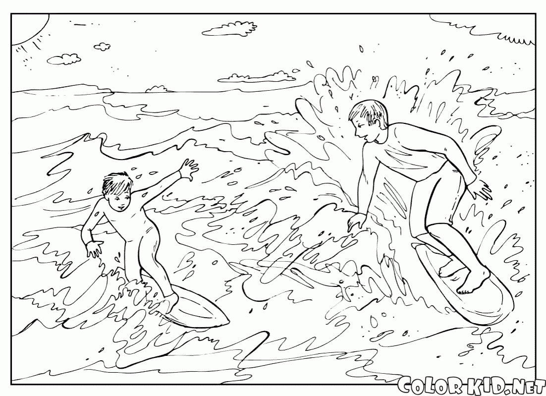 Раскраска серфинг на море (доска, пляж)