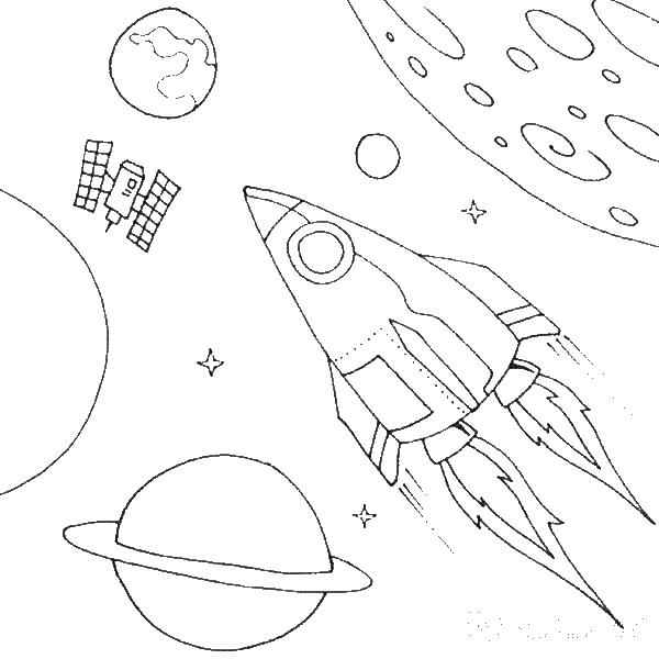 Раскраски ко дню космонавтики - ракета летит в космосе раскраска онлайн (астронавты, ракета)