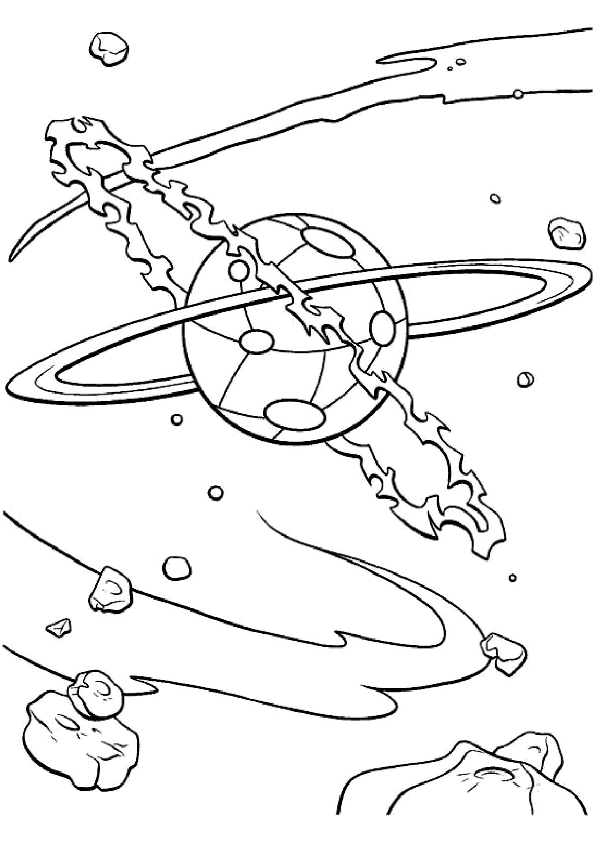 Раскраска с изображением планеты, ракеты и космоса (звезды, кометы)