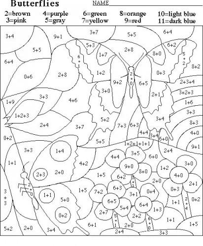 Раскраска бабочек с математическими заданиями (бабочки)