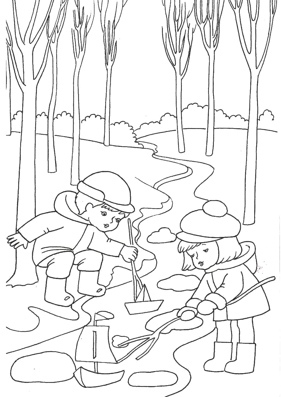 Раскраска: ручей в лесу и дети играют с бумажными корабликами (ручей, дети)