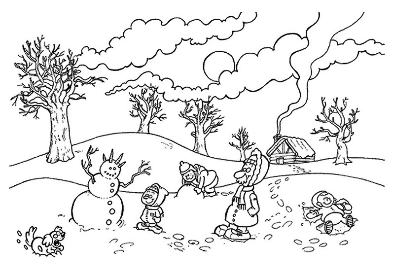 Изображение раскраски с деревней, снеговиком, собакой, домиком, дымом из трубы, деревьями без листьев и усатым дедушкой. (дети, собака, дедушка)