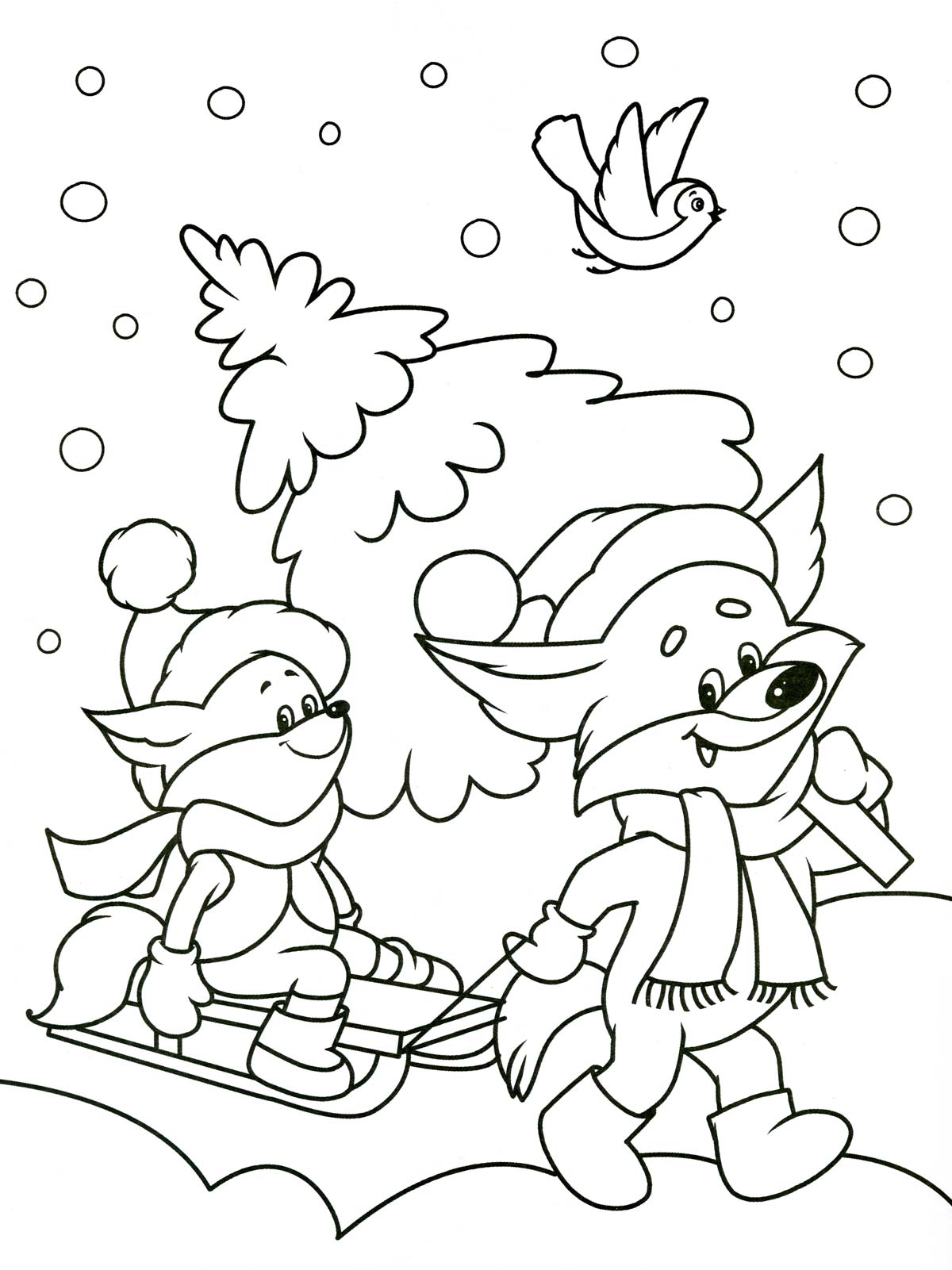 Раскраска лиса с лисенком на санках и елкой, рядом птица снег (лис, птица, снег)