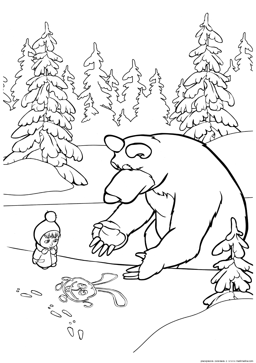 Раскраска зайчик на снегу для Маши из мультфильма Маша и Медведь (зайчик, следы, елки)