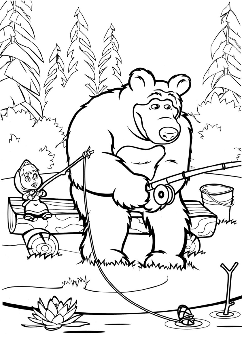Раскраска Маши и медведя на рыбалке (Маша, медведь, развивающие, забавные)