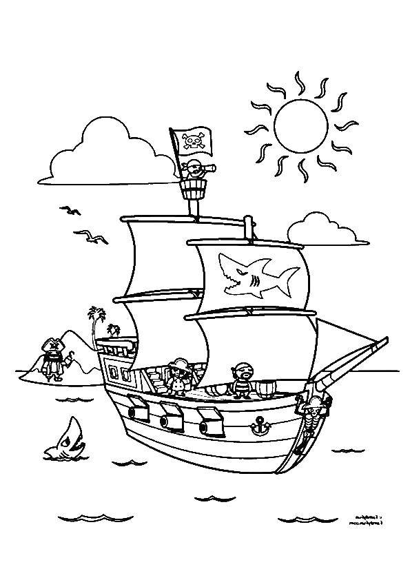 Раскраска с пиратами и кораблем на острове сокровищ (остров, пираты, корабль, развивающие)