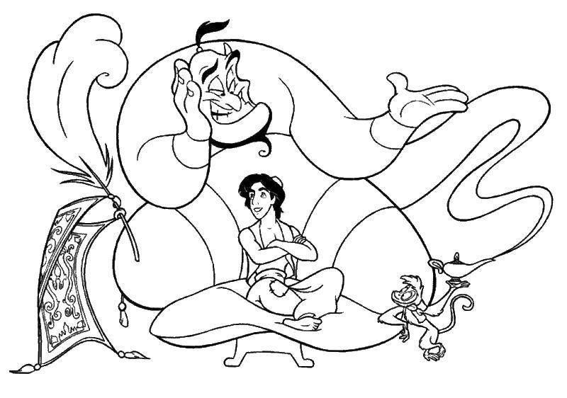 Раскраска с персонажами из сказки Алладин: Абу, Джин (алладин, джин)