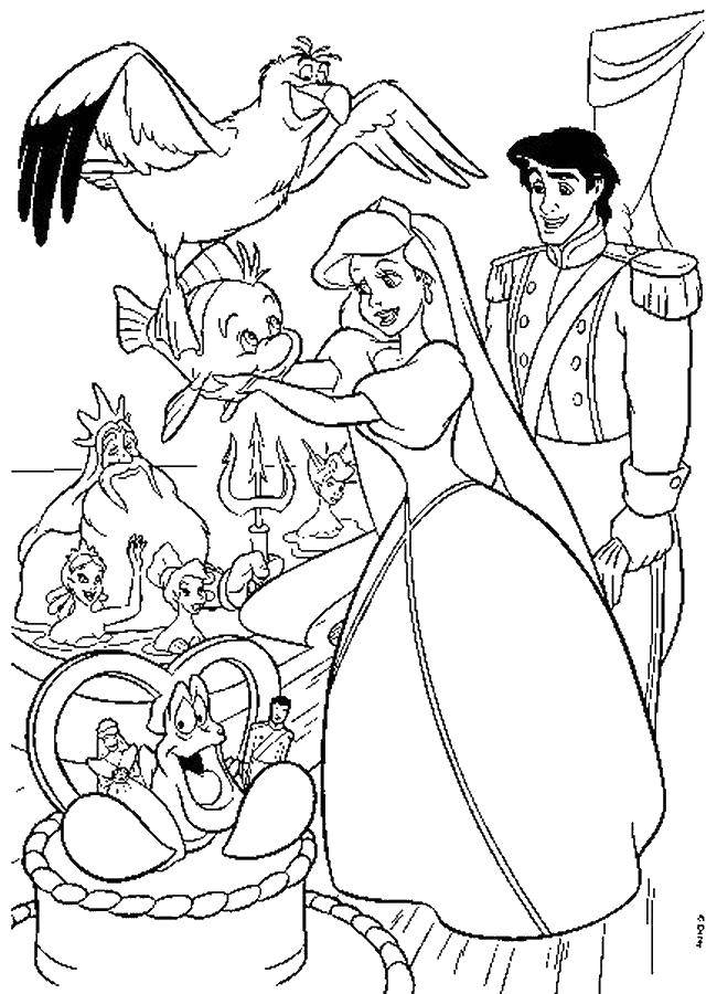 Раскраска с русалочкой Ариэль: Принц, рыбы, краб (русалочка, Ариэль, рыбы, краб)