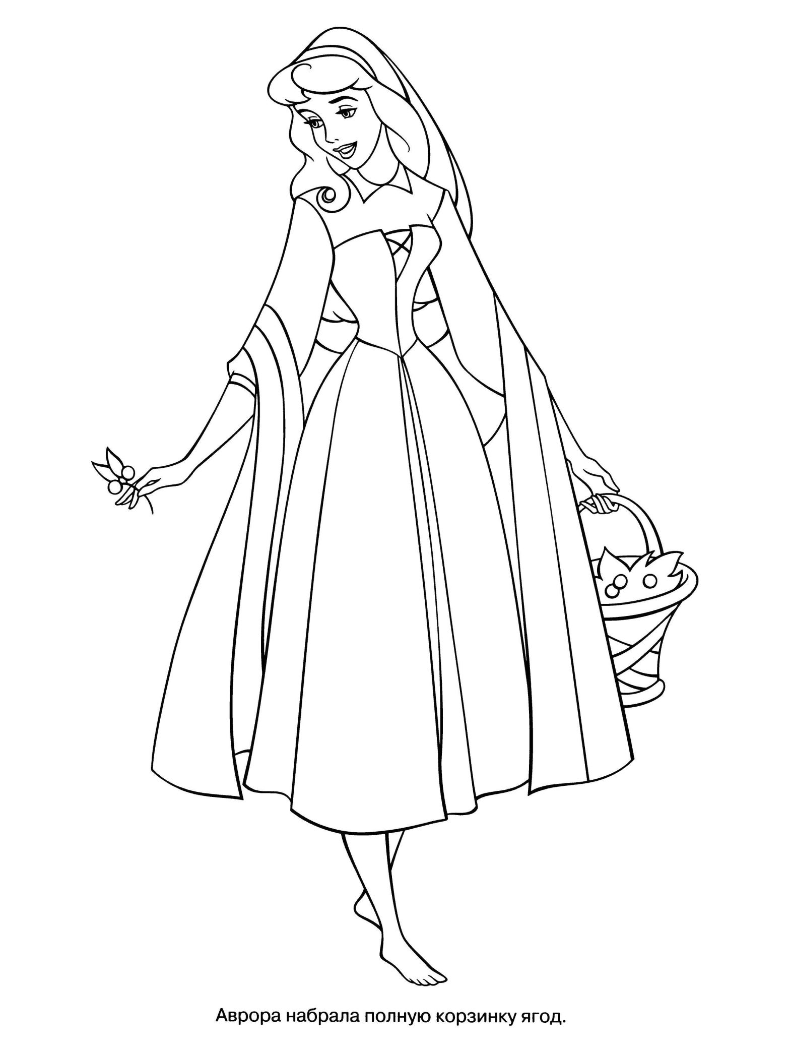 Раскраска из мультфильма Аврора с принцессой, корзиной и ягодами для девочек (Аврора, ягода)