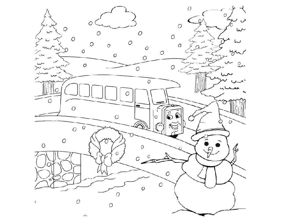 Раскраска зима автобус, снеговик для детей (автобус, снеговик)