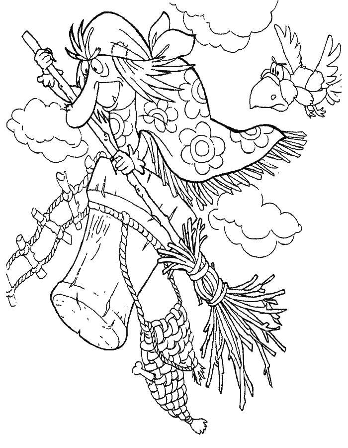 Раскраска Баба Яга, метла, ведро и ворона для детей (ведро, ворона)