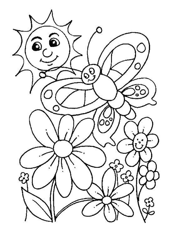 Раскраска бабочки на цветочном фоне (бабочка, солнце, дети)
