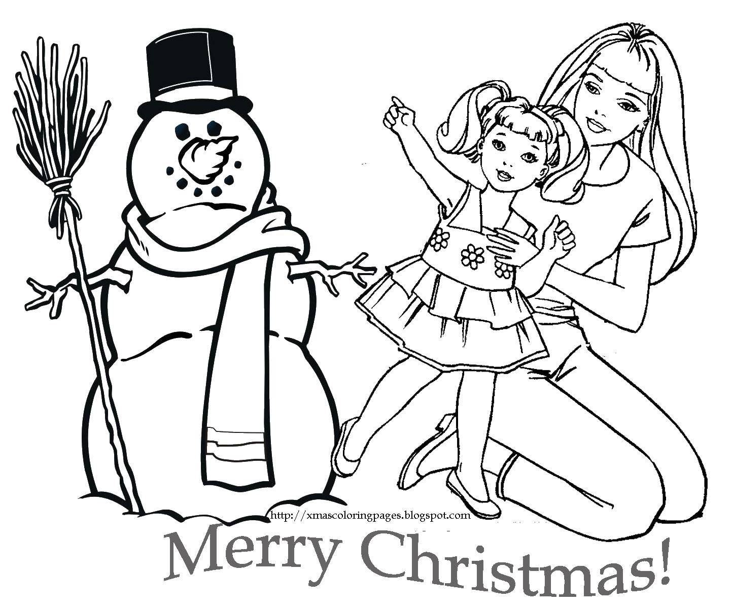 Раскраска Барби на Рождество с снеговиком (Барби, Рождество, снеговик, сказки, развивающие)