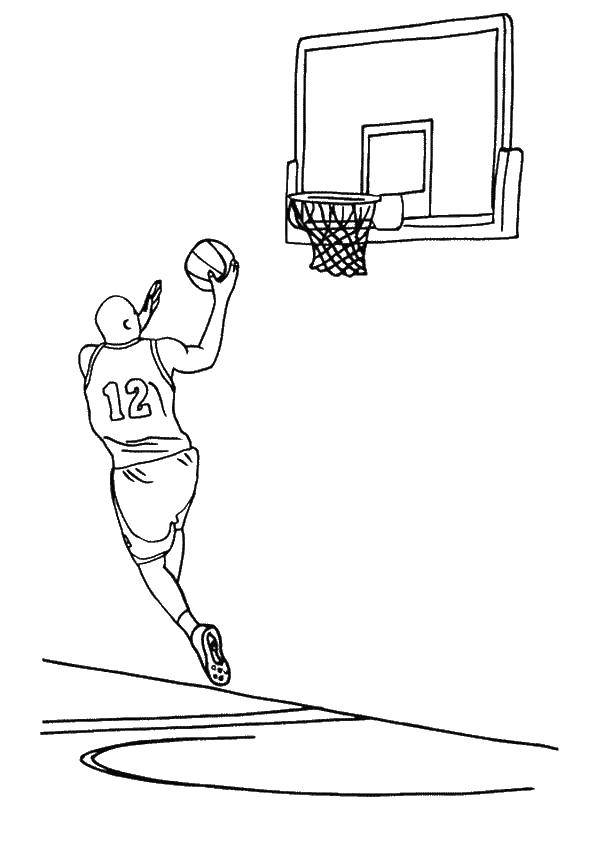 Парень играет в баскетбол с мячом на раскраске (баскетбол, корзина)