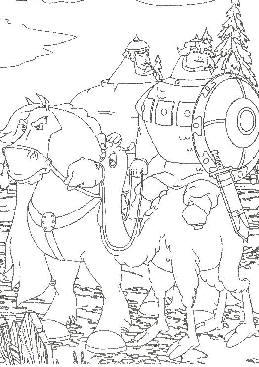 Раскраска с богатырями на лошадях и верблюде из сказки Три богатыря (богатыри, лошади)